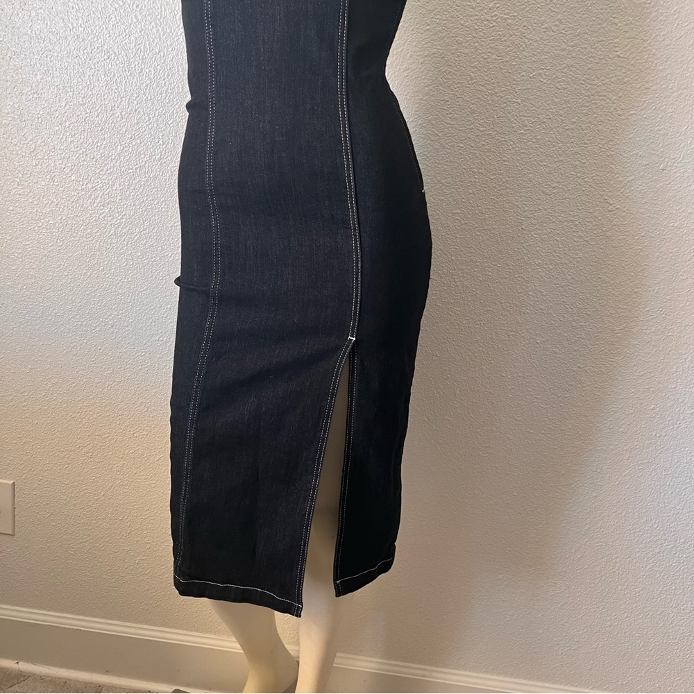 Topshop Black Spaghetti Strap Denim Midi Dress with Slit Front US Size 4 - Picture 5 of 11